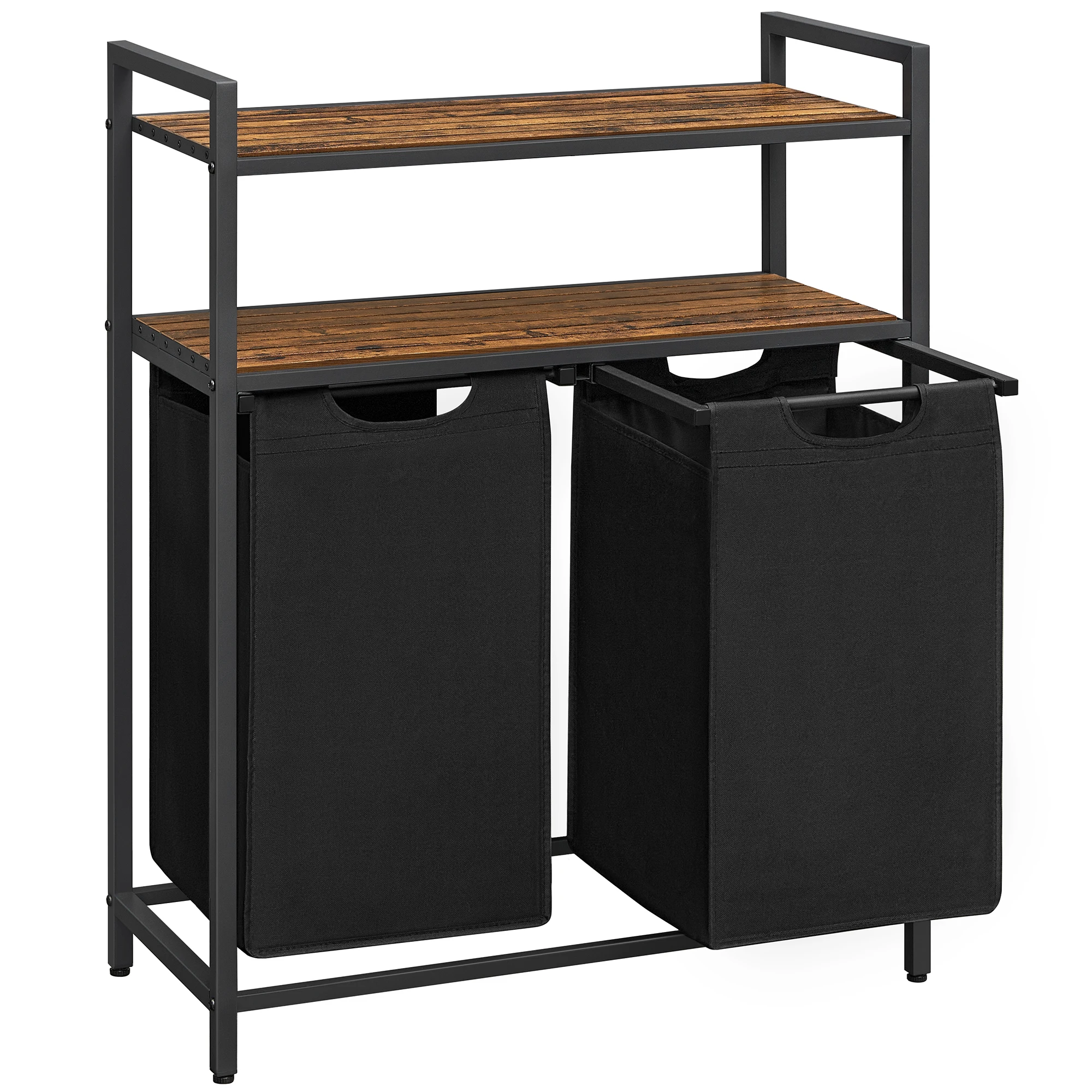 Hotel Heavy Duty Wooden Non Woven Fabric 2 Tier Double Laundry Hamper Corner Laundry Basket with Removable Laundry Bag