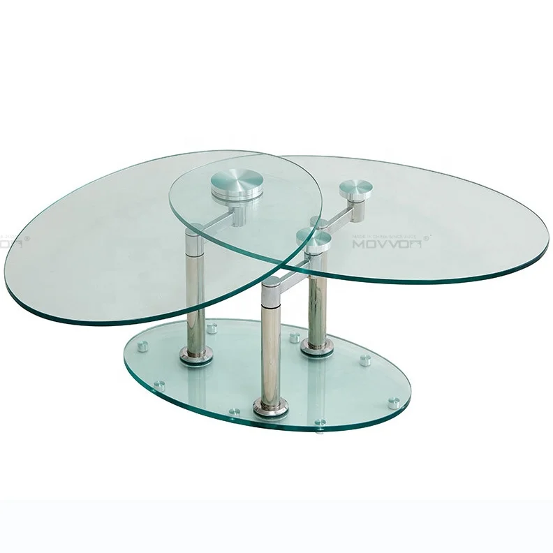 Modern functional  tempered glass top oval full swivel coffee table
