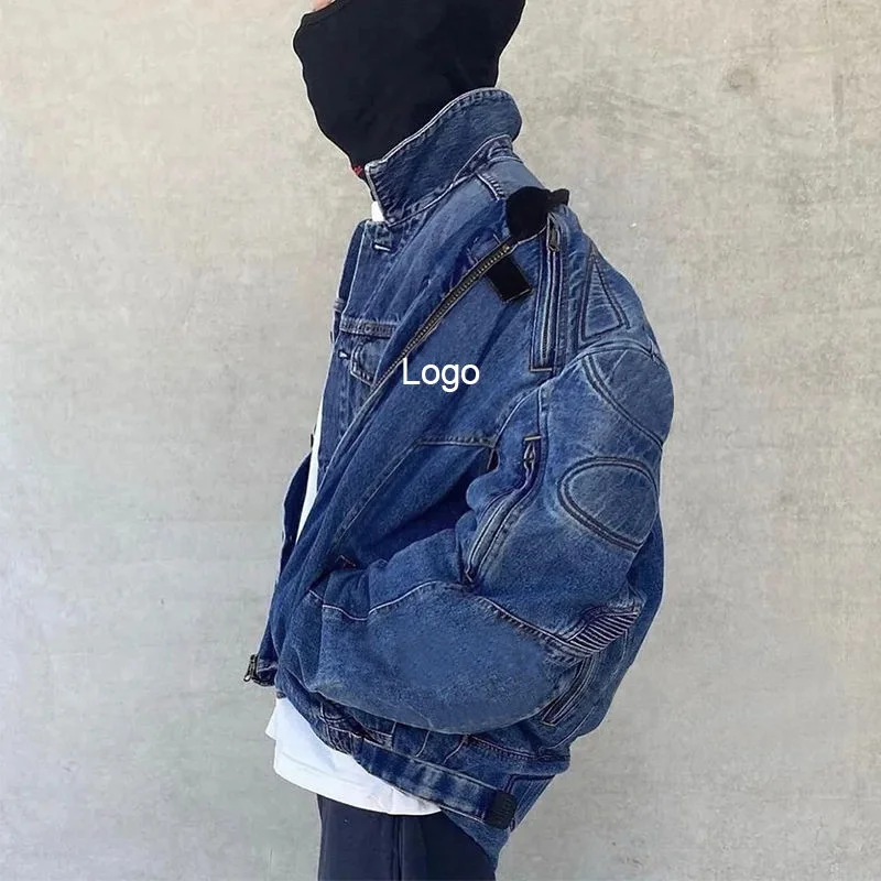 Customized High Quality Zip Up Denim Jacket Oversized Vintage Streetwear Racing Motorcycle Streetwear Jean Denim Jacket Men