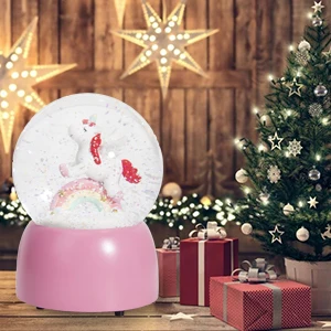 OEM custom resin dome cheap water globes pink pedestal music rainbow unicorn snow globes