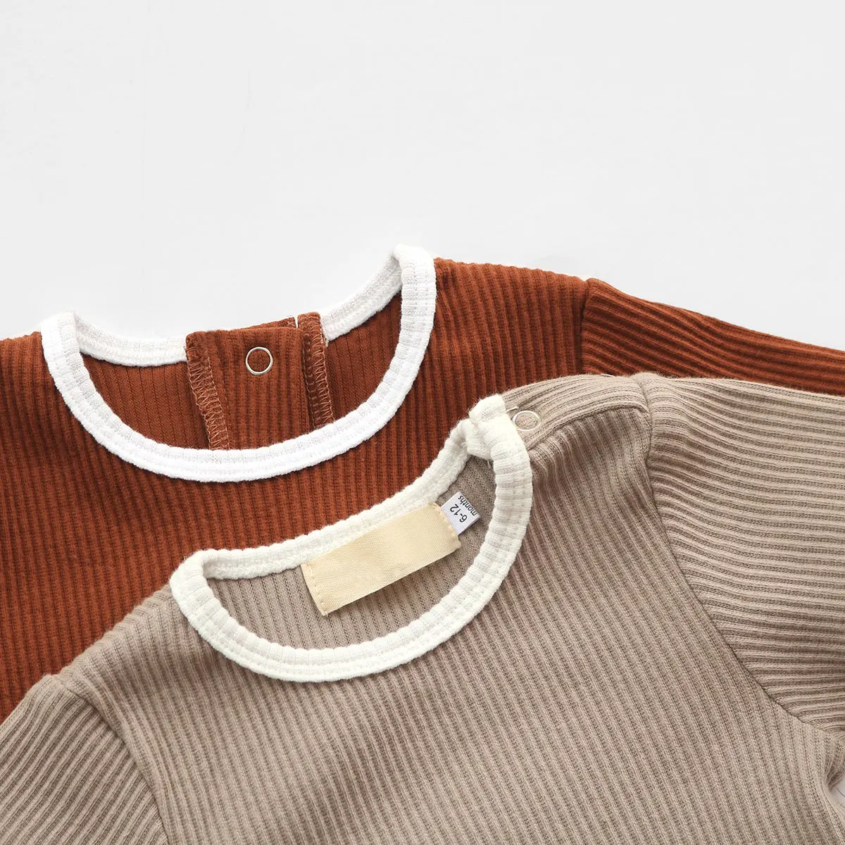 Ribbed Short Sleeve Back Snap Baby Rompers Paneled Edge Crewneck One Piece Infant Jumpsuit