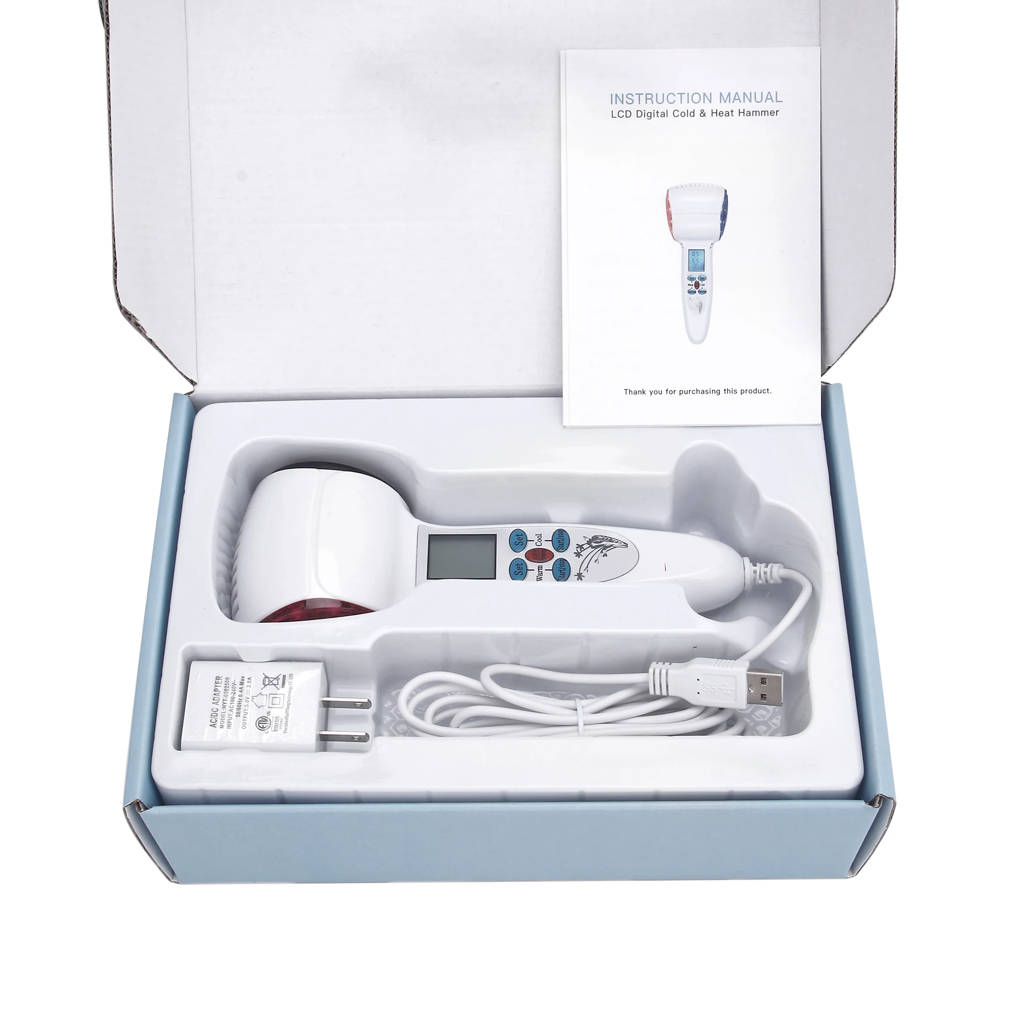 Hot and cold handheld double head hammer massager with heat head and led