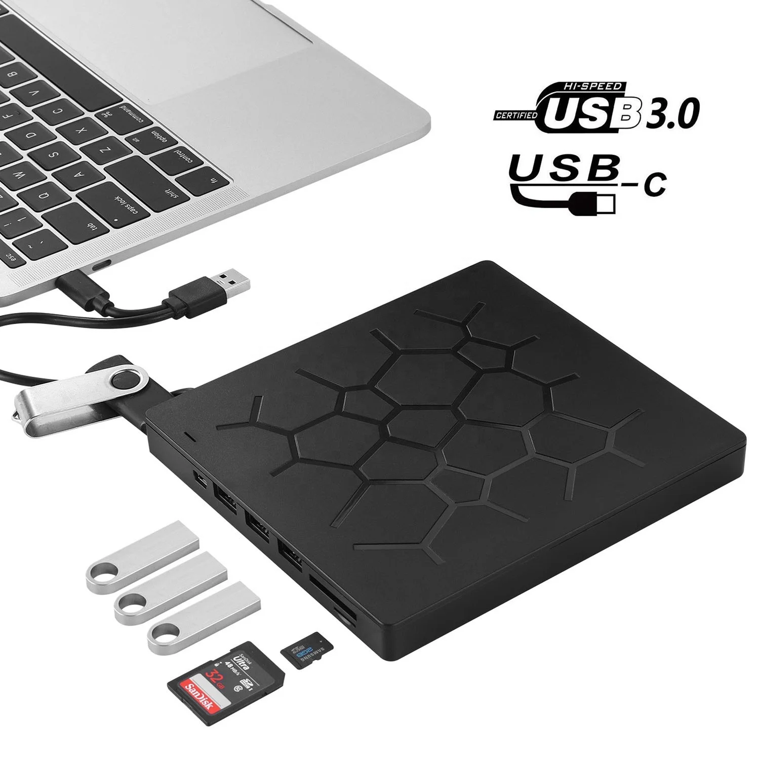 External CD DVD Drive for Laptop DVD Player CD Burner Type C USB 3.0 with 2USB ports SD TF card slot usb type-c