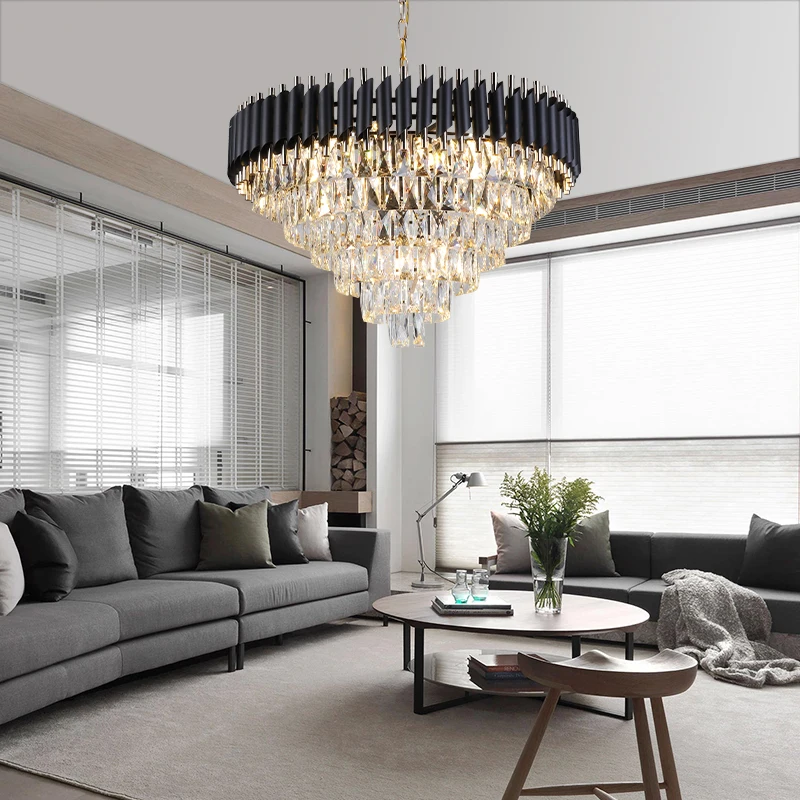 French Banquet Hall Hanging K9 Black Golden Luxury Hotel Nordic Spiral Crystal Stair Chandelier Modern Lighting