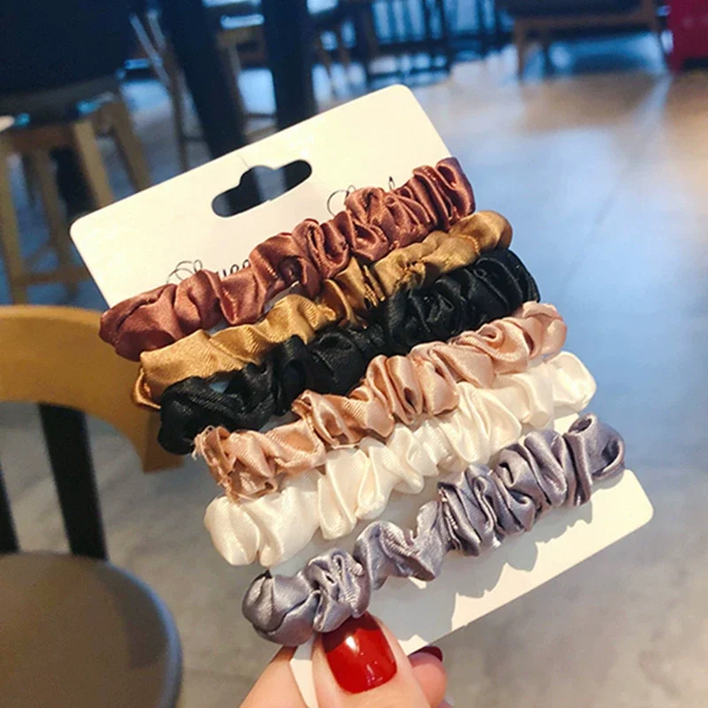 Custom Design Pure Color Fabric Satin Elastic Hairband Accessories Elegant Set Silk Scrunchie ties For Women