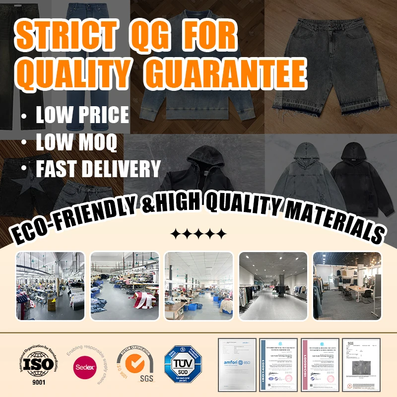 OEM Custom Logo Low Moq Streetwear Light Blue Plain Wide Leg Pants Washed Zip Off Baggy Jeans Men