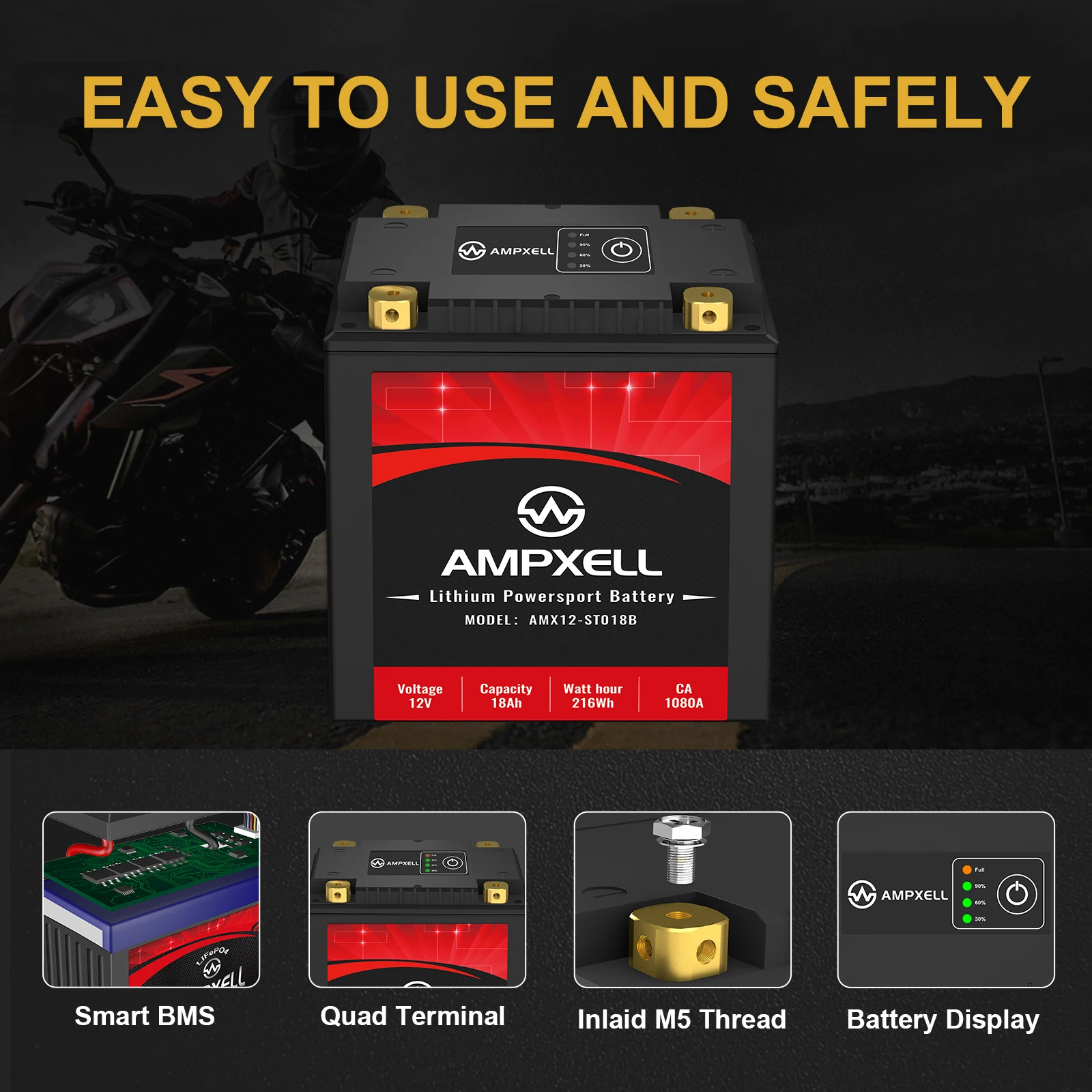 Motorcycle starter battery 12V Starter lithium  battery CCA1080 18Ah LiFePO4 battery car starter