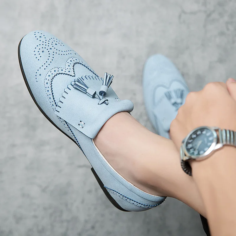  Броги с цветком мужские туфли британская ретро бахрома слипоны заостренные кожаные корейский стиль увеличивающая рост обувь для парикмахера