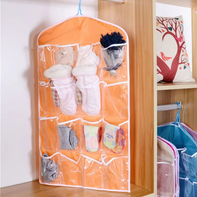 16 Pockets Clear Hanging Bag Socks Bra Underwear Rack Hanger Storage Organizer Underwear storage bag For Bathroom Living Room