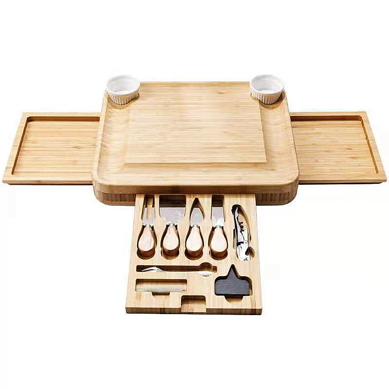 Wholesale OEM Multi-function Bamboo Cheese Cutting Board with Knife Set Tableware Box Ceramic Bow 3 Drawers