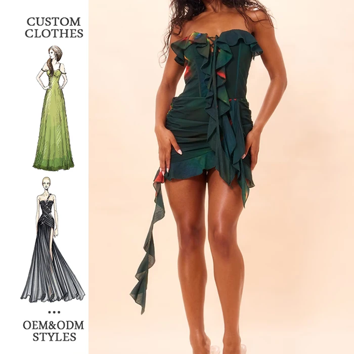2024 Trending Dresses For Women Green Abstract Lace Up Ruffle Elegant Short Dress Outfits For Women Casual Dress Sexy