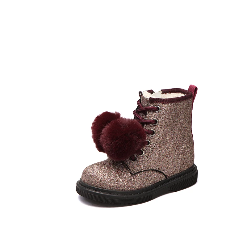 Strawberry Color with Pom-pom  Zip Lace Shiny Glitter PU Flat Boots For Girls Winter Wear