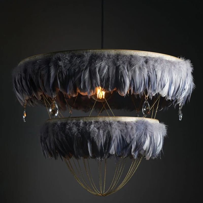 Custom living room light fittings handmade diy art deco style contemporary gold chain black circle led ring feather chandelier