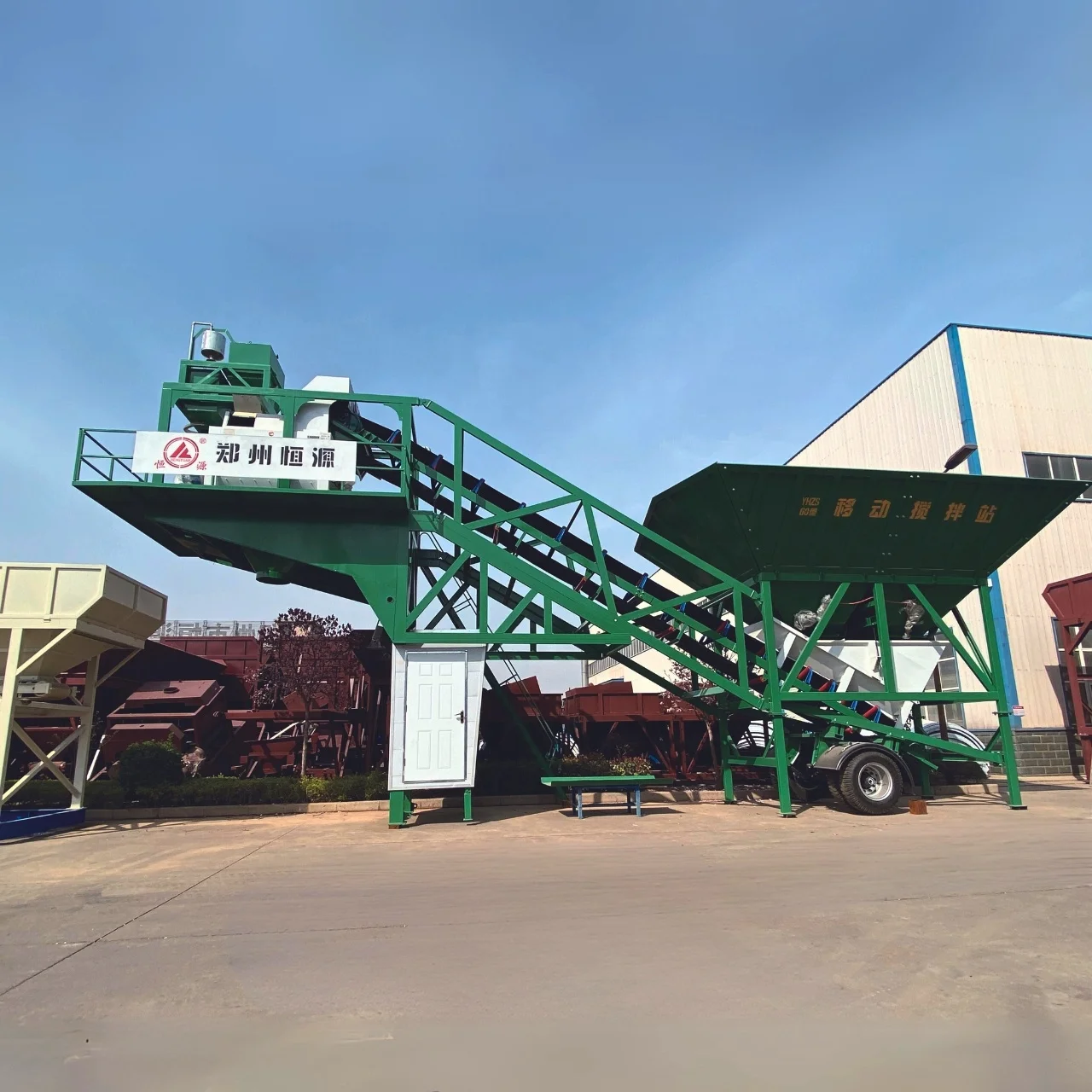 Mobile concrete mixing plant twin shaft/planetary mixer 3.8m discharge height 2/4 storage silos high efficiency fully automatic