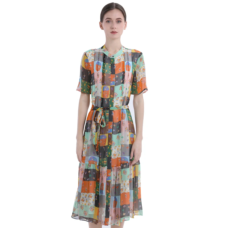 
2020 Summer New Design Supersoft 100% Real Silk Chiffon Knee Casual Pieced Silk Dress 