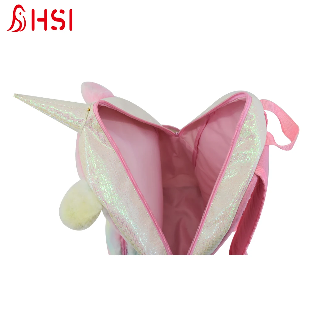 Fashion trendy custom plush  animal unicorn school bag  glitter  backpack for girls kids