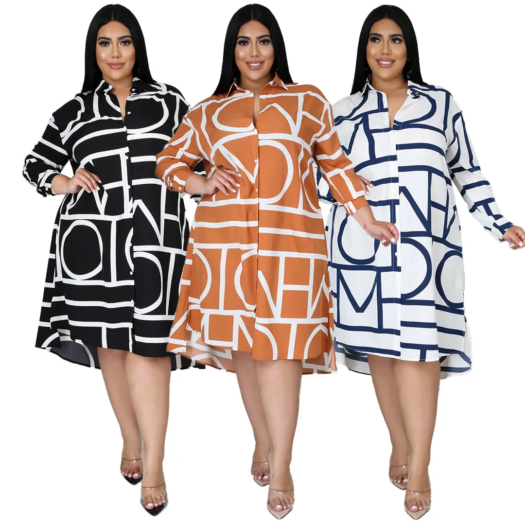 N7255 Best-Selling Plus Size Loose Dresses Women Casual Long Sleeve Striped Printed Shirt Dress For Women