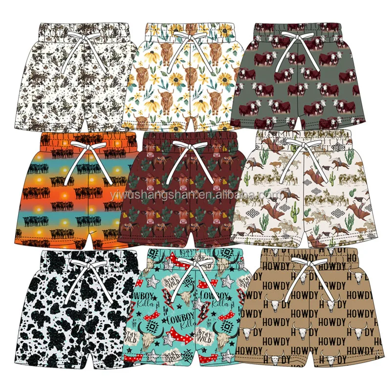 Custom 2024 Summer Toddler Baby Boys Swimming Trunks Western Style Cattle Printed Kids Boys Stretch Swim Shorts