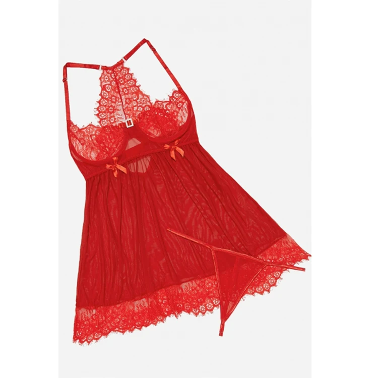 
Mesh Babydoll with Thong Fashion Women Dress Hot Lace Bralette Garter Set Lingerie Sexy Hot Transparent 