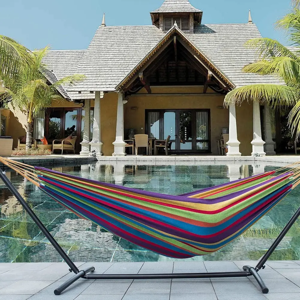 Custom printed portable outdoor hammock rainbow garden travel camping polyester cotton canvas hammock with stand