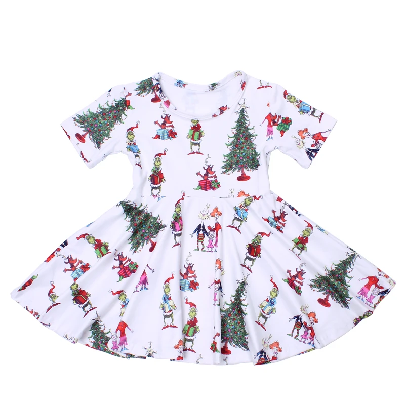 Kids wear with discount korean kids clothes Christmas cartoon milk silk dress with short sleeve girl twirl dress for party