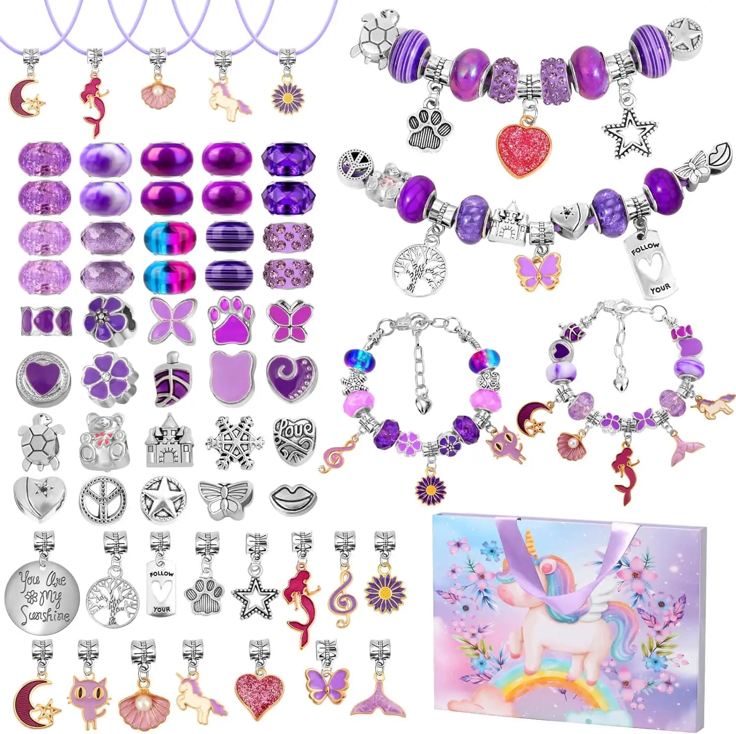 130 Pcs Charm Bracelet Making Kit Unicorn Mermaid Toy Jewelry Beads For Teenage Birthday, Christmas Stocking Gift