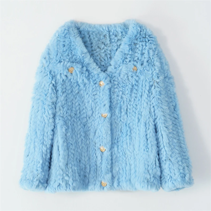 New Style Popular V-Neck Single Breasted Sky Blue Hand Make Woven Winter Rex Rabbit Fur Coat For Women