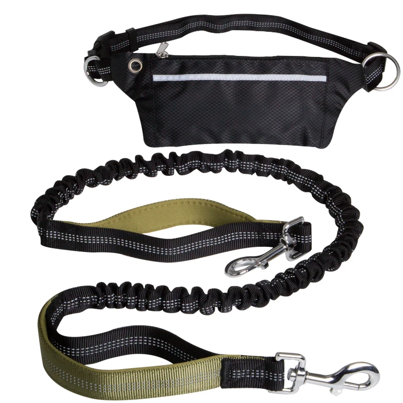 RTS Reflective Army Green Color Dual Padded  Neoprene Handle  Dog Leash Set with Waist Bag