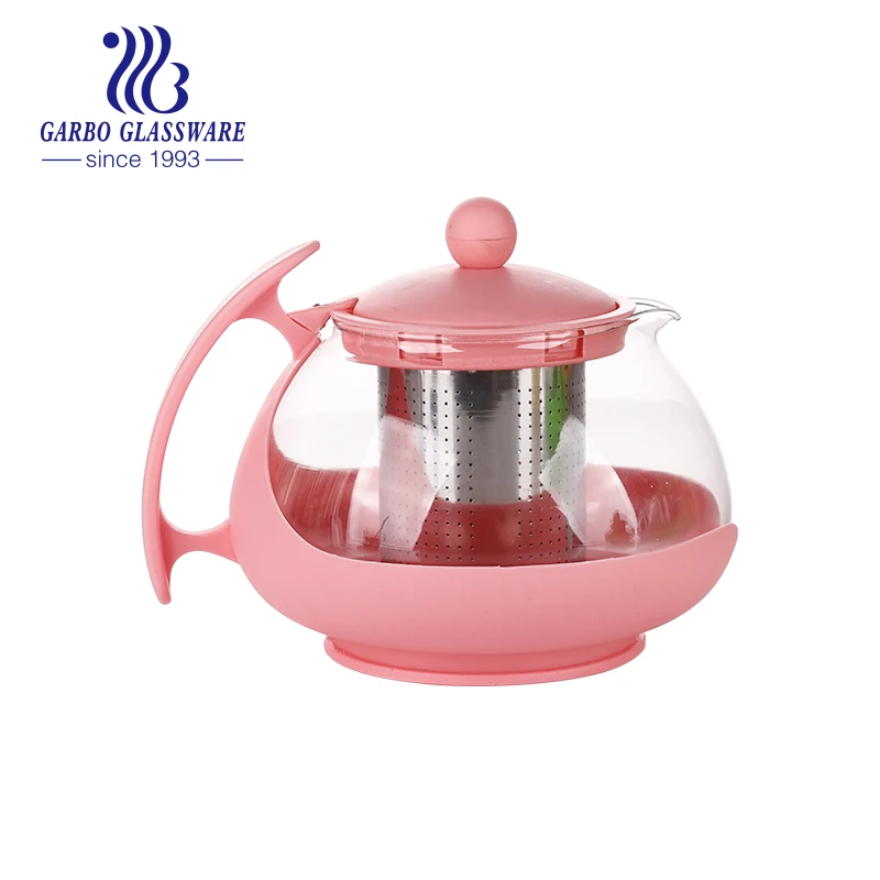 Pink handle clear wholesale color glasses tea jug decorative blow glass tea pot with plastic handle and infuser water jugs