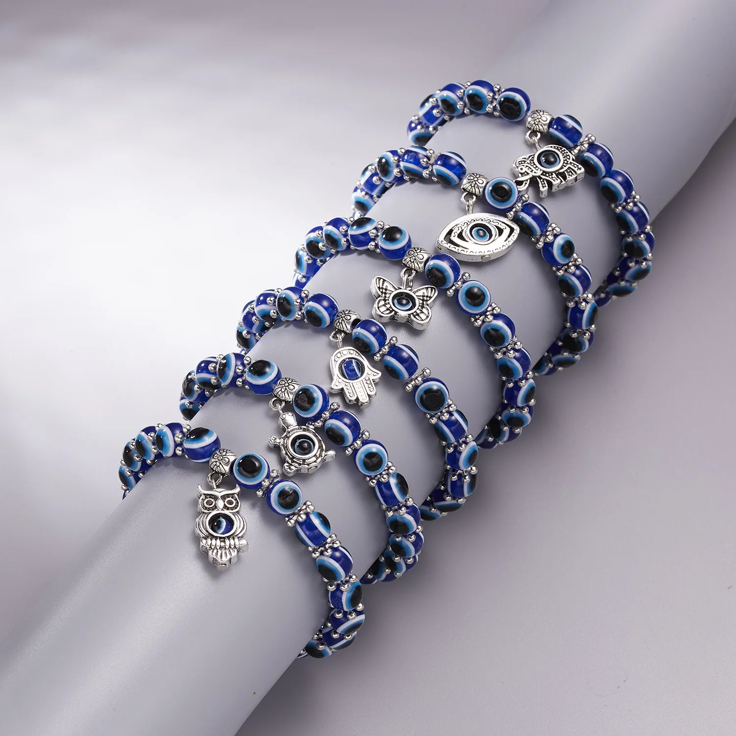 Wholesale Jewelry Owl Devil Eye Beaded Bracelet Resin Hamsa Hand Blue Evil Eyes Charm Bracelet For Women Men
