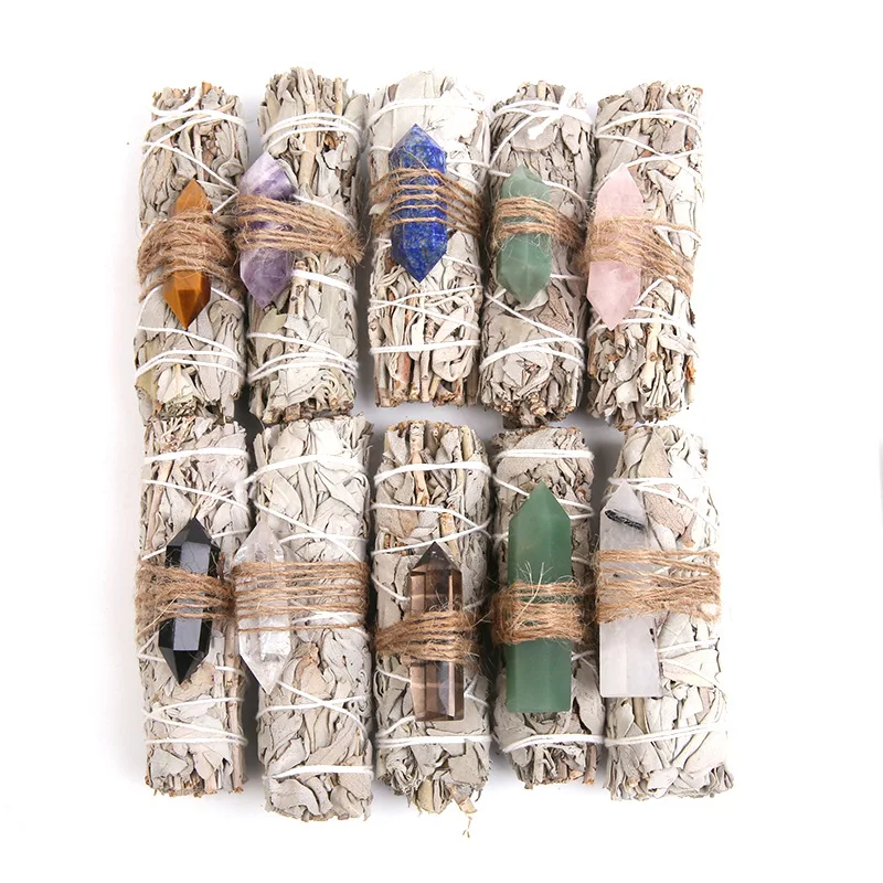 Customized Natural Crystal Double Point Wand With White Sage Grass Smoky Indoor Purification Grass Incense Home