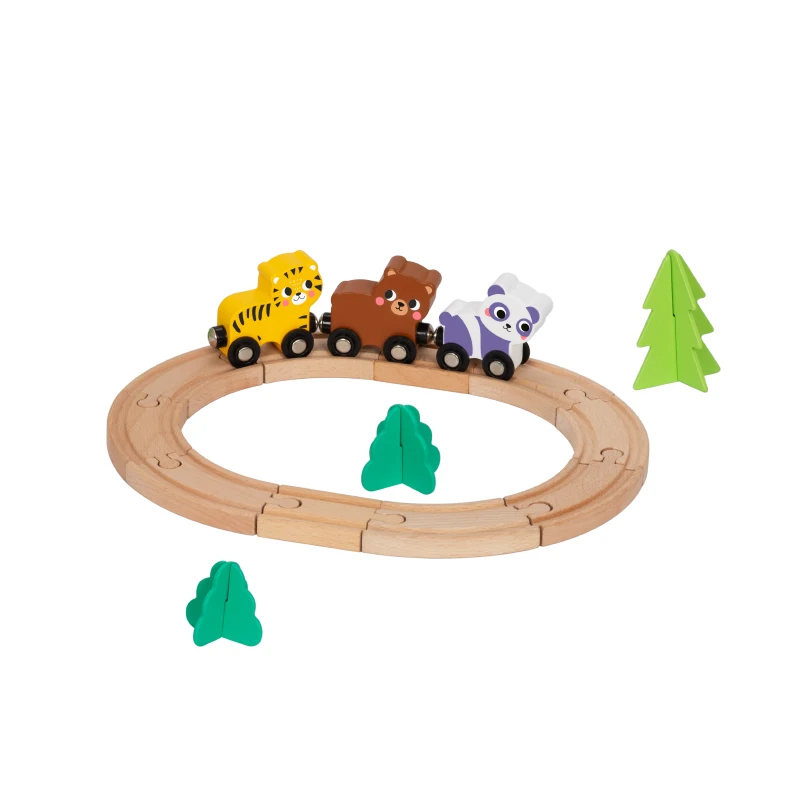 Wooden Construction Train Set Children Railway Track Road Race Animal Car Cognitive Slot Toys for Kids