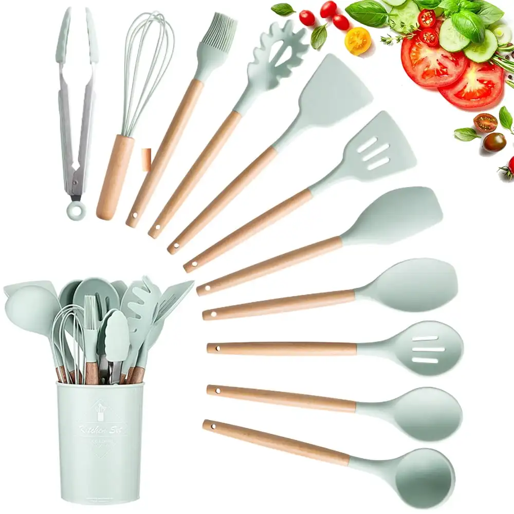 Kitchenware Silicone Cooking Tools 12 Pieces In 1 Silicone Wooden Kitchenware Utensil Set
