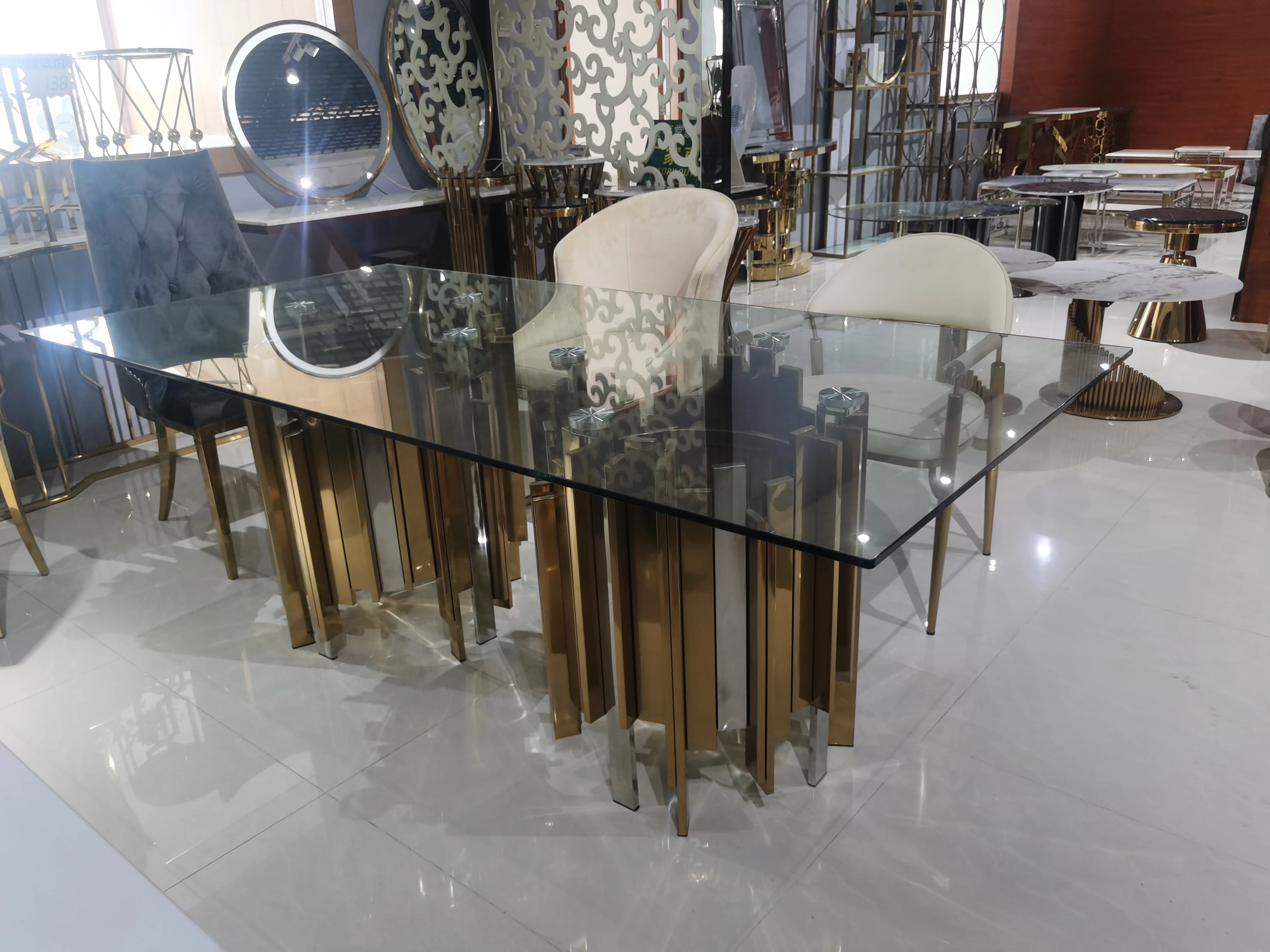 luxury glass dining table silver stainless steel dining table with glass top dining table set 6 seater luxury glass top