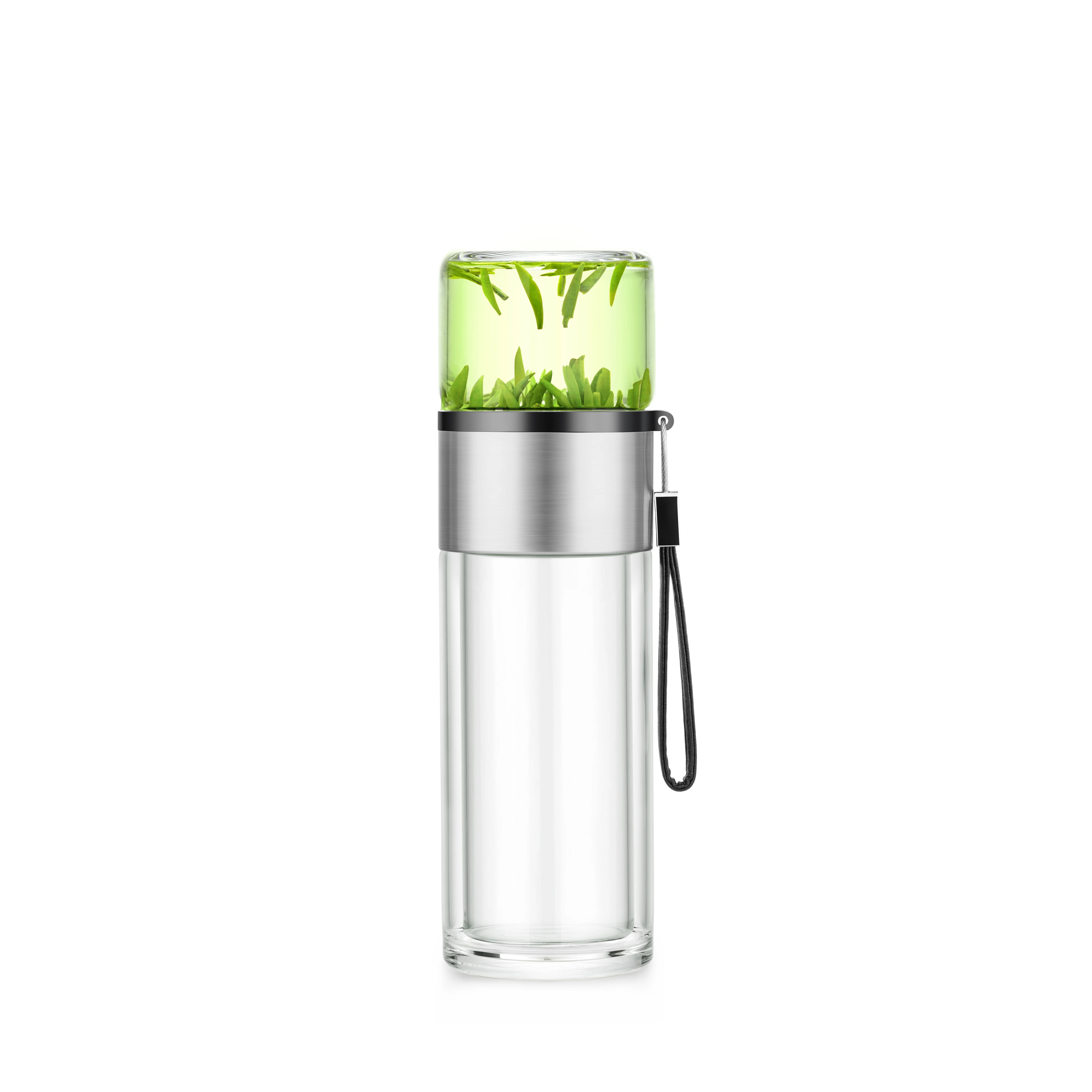 Portable glass tea cup with stainless steel strainer double wall glass tumbler