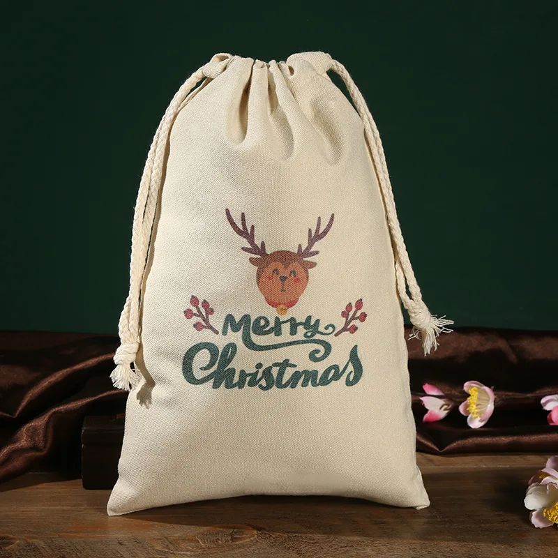 huahao Christmas Printed Cotton Canvas Muslin Gift Bags Christmas Candy Decoration Bag with Drawstring for Presents