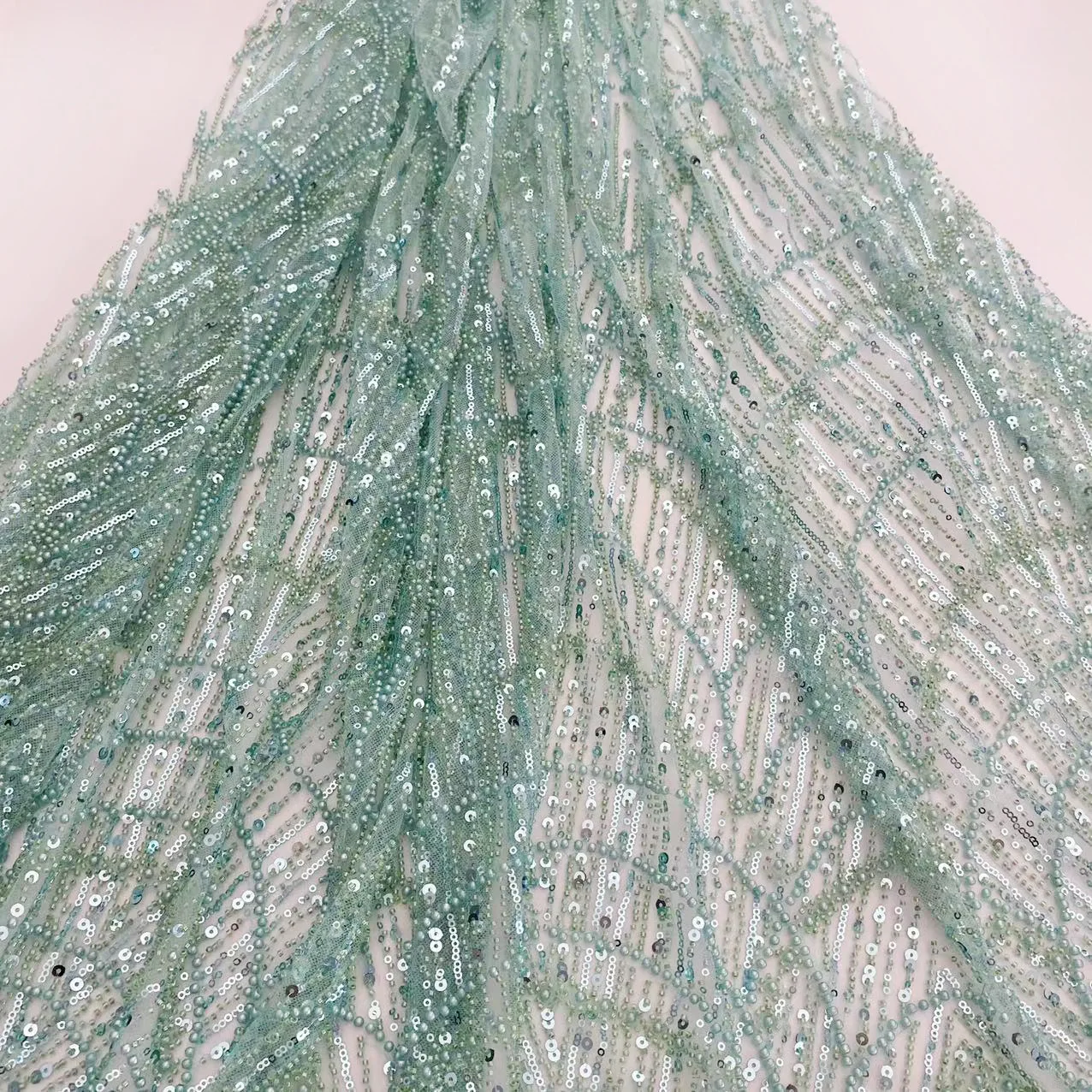 LS136 High Quality African Embroidery Bridal Pearl Lace Fabric Luxury Heavy Beaded Sequins Lace Fabric For Wedding Dress