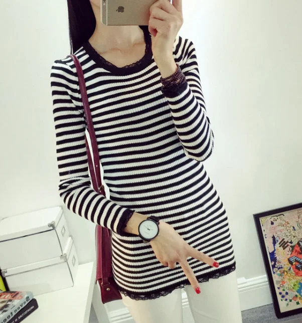 Women blouse ladies fashion Korean lace knitted woman new stripe sweaters