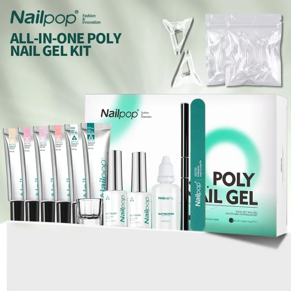 NAILPOP Customizable Logo 6-Color Poly Gel Nail Extension Kit Nude Pink Complete Starter Set Base Top Coat Beginner Nail DIY