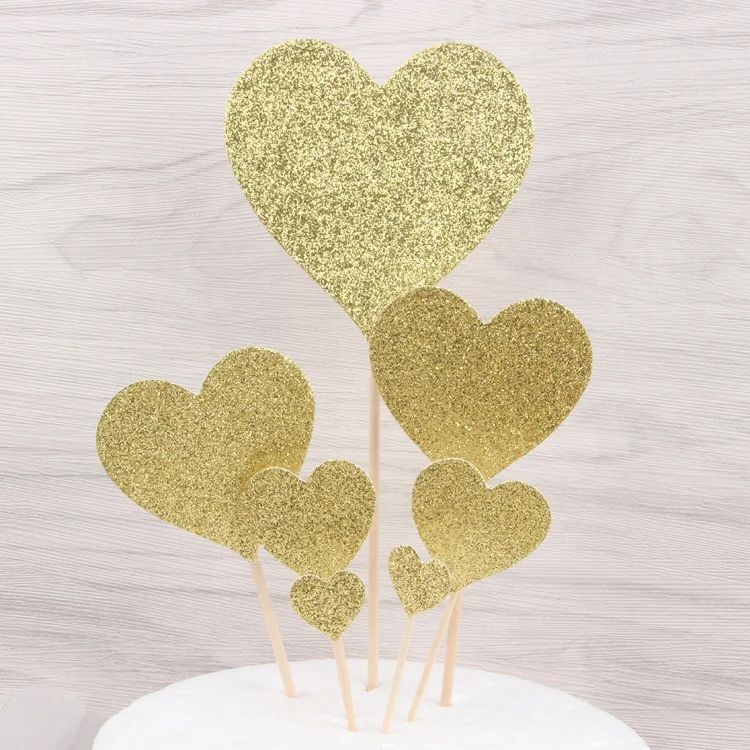 Partysu red heart cake topper valentines day frosting cake toppers happy birthday wedding party glitter red heart cake topper