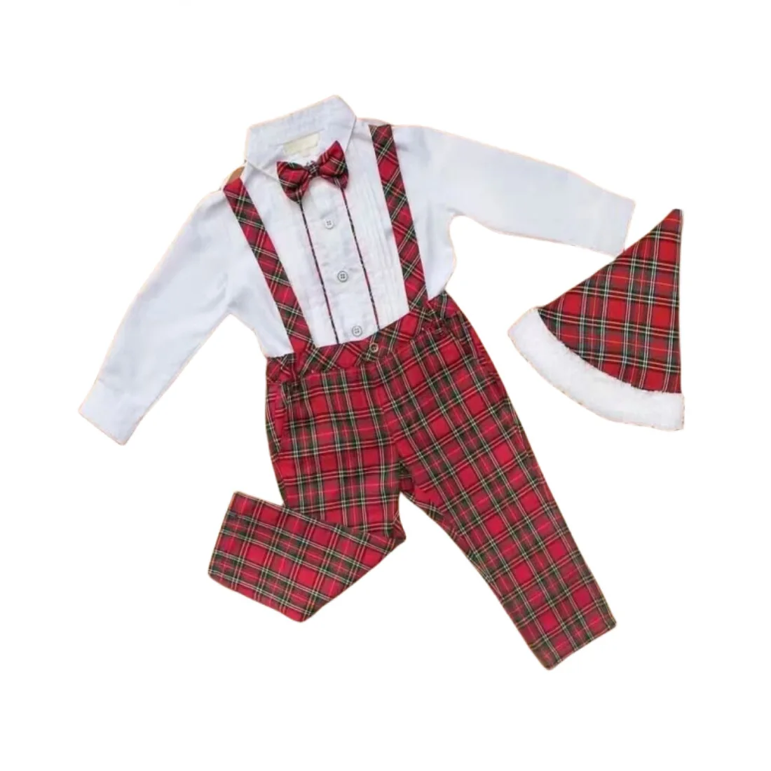 Casual Plaid Holiday Suit for Kids Mix-Style Christmas Suspender Pants Shirt Skirt