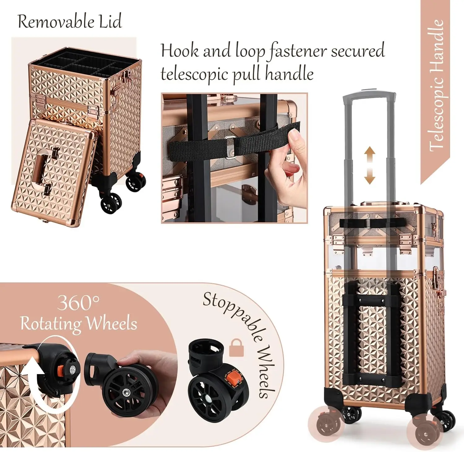 Rose gold 3 in 1 Train Case on Wheels Makeup Trolley Salon Traveling Trunk Suitcase for Cosmetology School Nail Tech Hairstylist