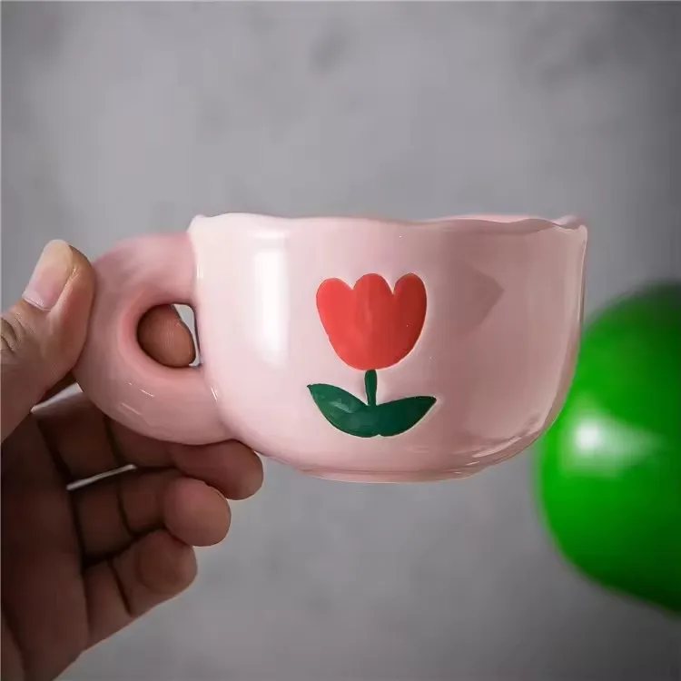 Modern nordic pink tulip cute girls gift small porcelain cup set cappuccino latte tea cup ceramic coffee cups with saucer
