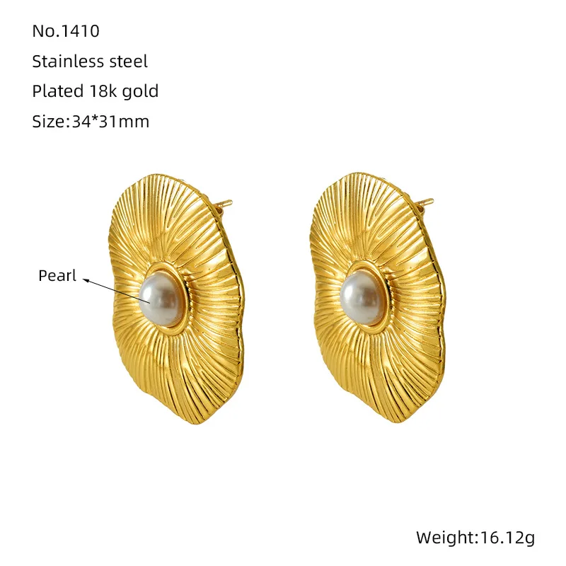 Винтажные стильные серьги из титановой стали 18k позолоченный лепесток формы высокого касания нержавеющей инкрустированный жемчуг для женщин