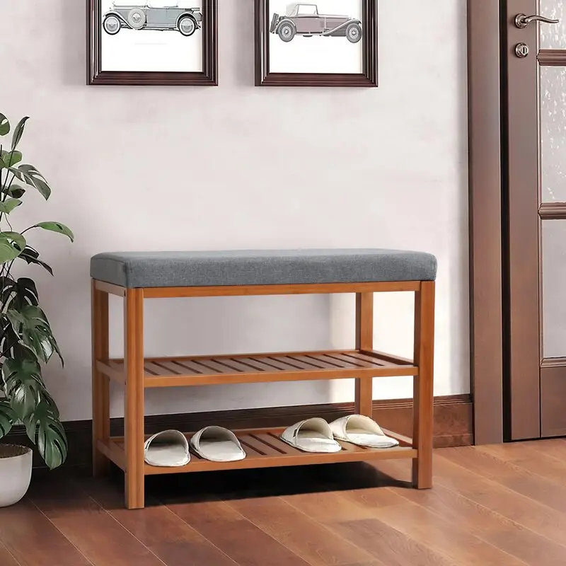 Extra Large Size Bamboo Entryway Shoe Storage Bench With Soft Cushion Multifunctional bamboo shoe rack bench bamboo