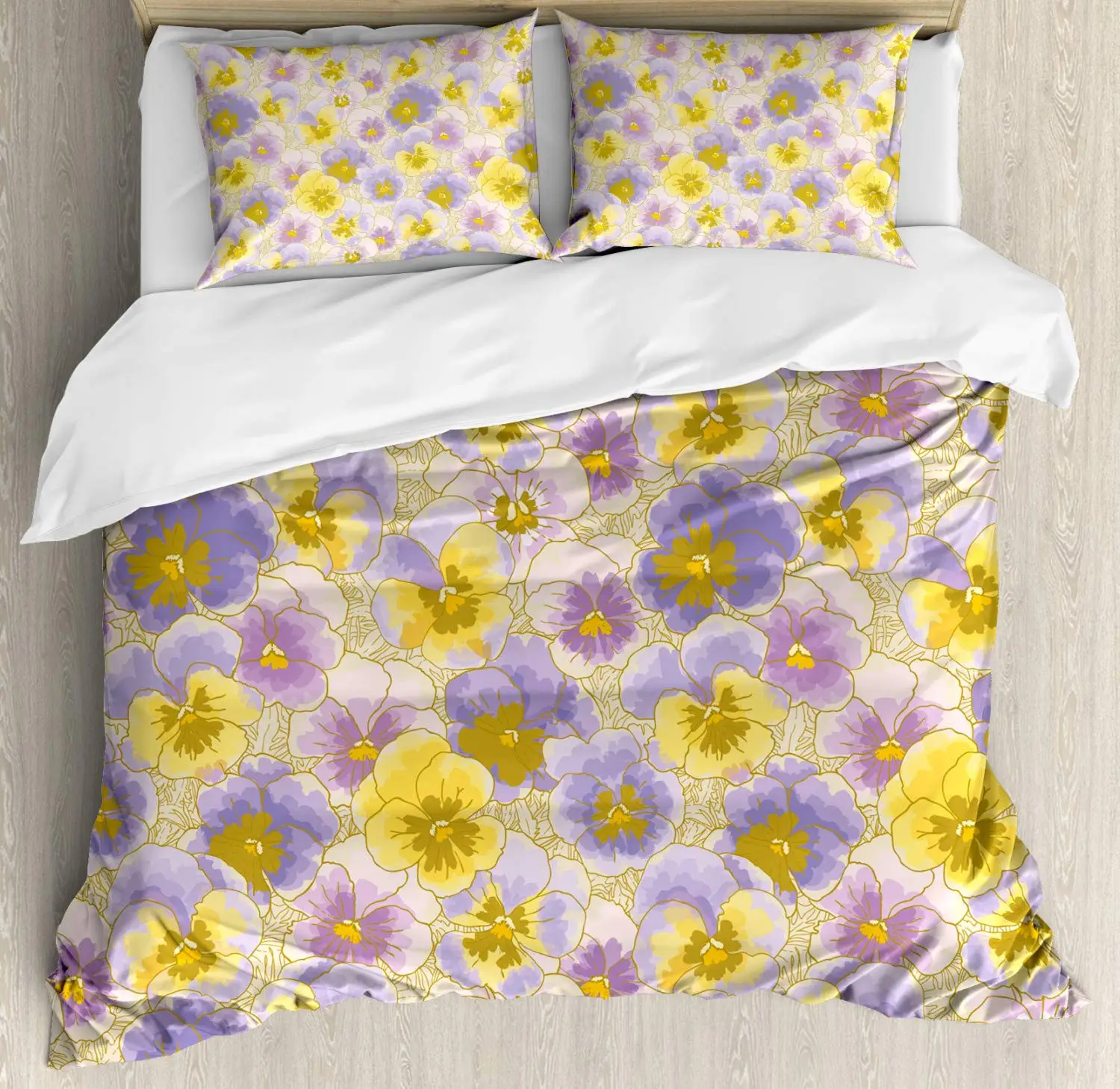 Floral Duvet Cover Set, Hand Drawn Pansy Flowers Garden Botanical Watercolor Pattern, Decorative Bedding Set, Lavender Yellow