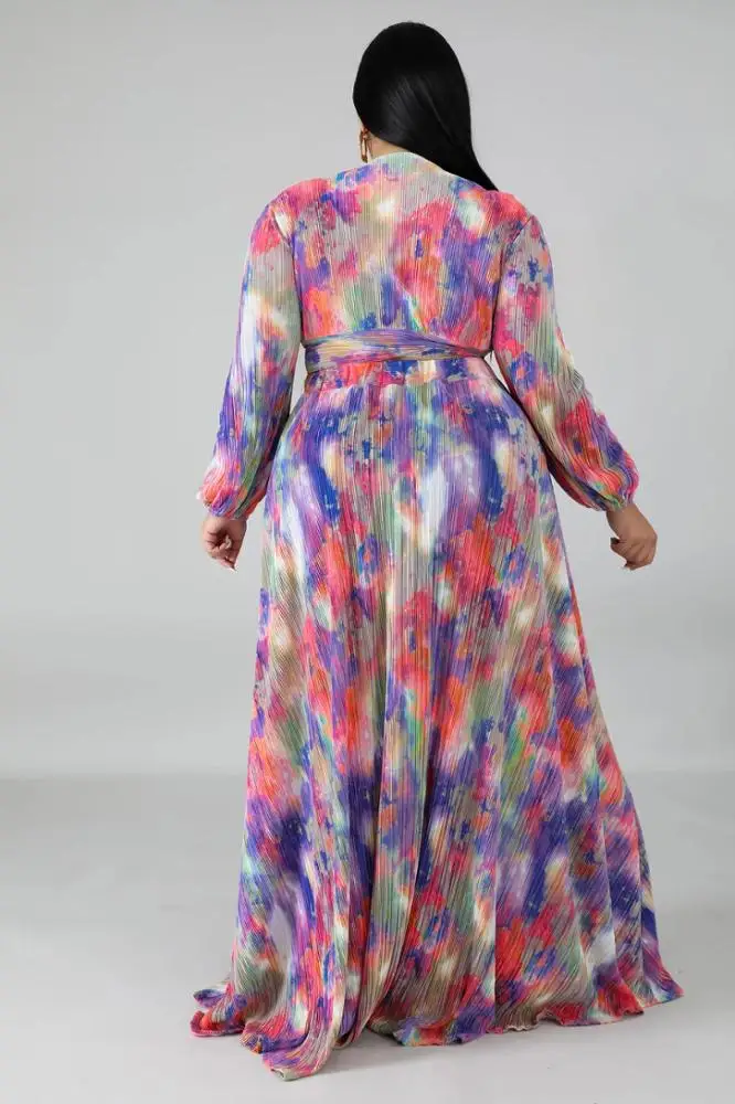 
Wholesale Fashion African Fat Women Plus Size Clothes Tie Dye Two Pieces Skirt Set Big Size 4XL Long Sleeves Dresses 