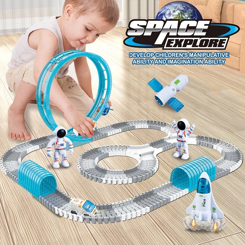 Space Train Track Set  221 PCS DIY Flexible Tracks Play Set  Slot Car Racing Toys Construction Race Track For Boys