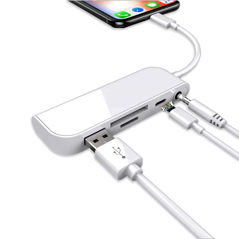Multiport 8pin Lighting USB2.0 Spliter 3.5mm Jack Audio Adapter with SD TF Port Card Reader USB Hub