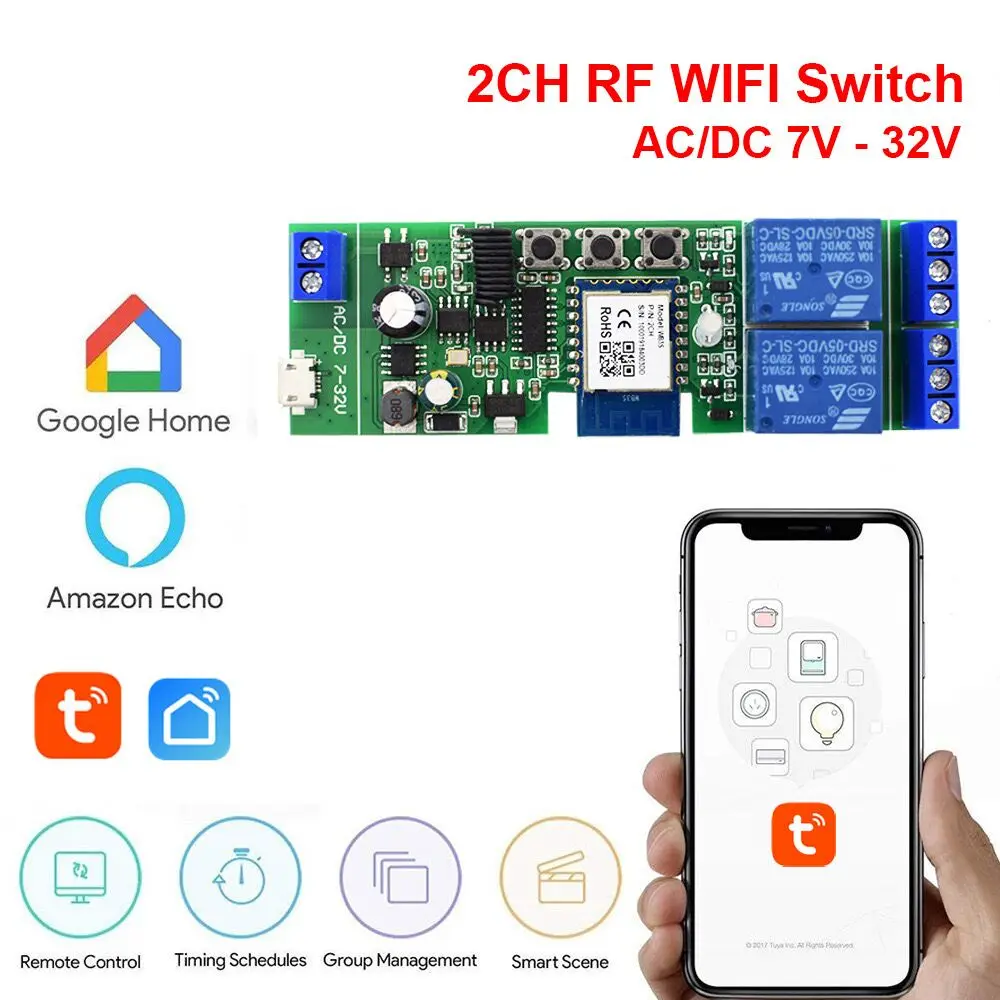 Tuya Smart life DC5V 12V 24V 32V 2CH 2-канальный модуль RF 433 приемник 10A реле работает с Alexa Google WiFi Switch